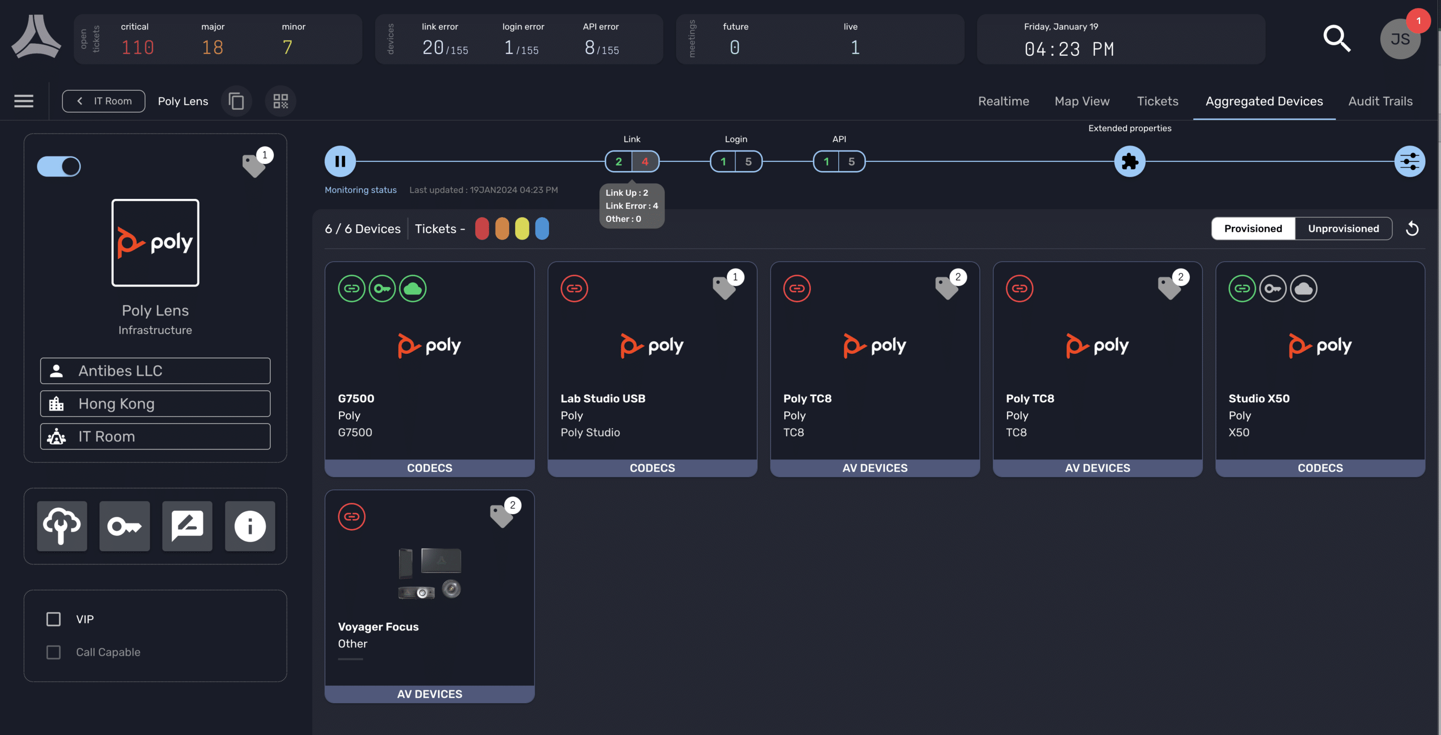 Poly Lens dashboard: Device status, locations (e.g., Hong Kong, IT Room), equipment cards with Poly & serial numbers.