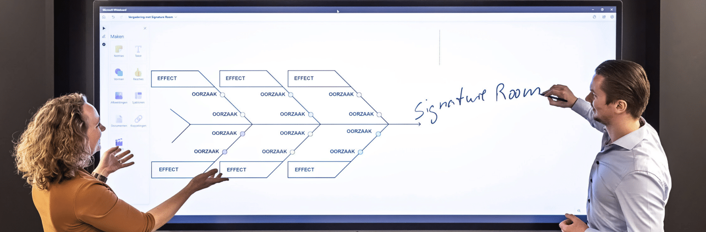 Two people at an interactive board: man writes Signature Room, woman points to a diagram with Effect and Oorzaak.