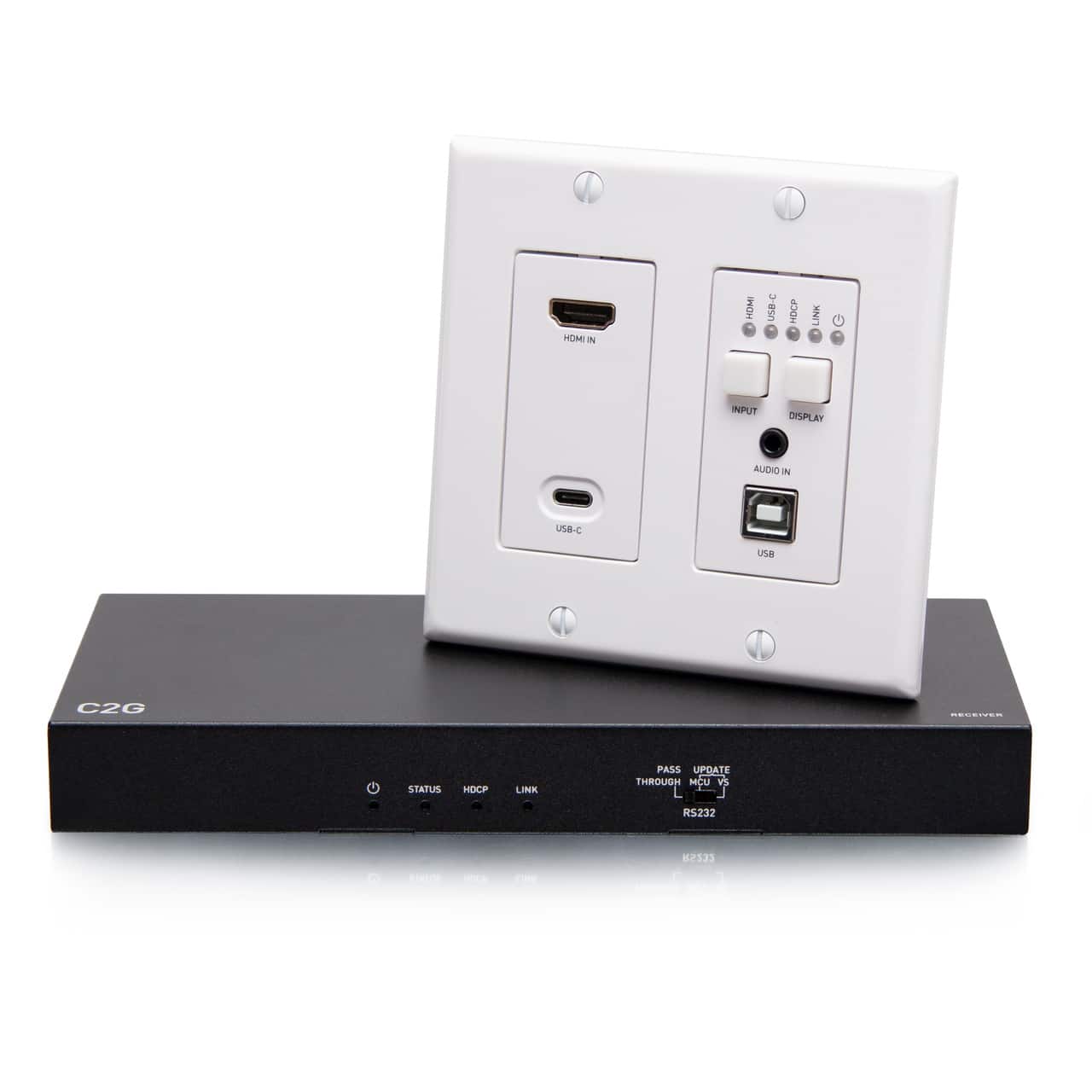 A black C2G HDMI extender with ports and indicator lights next to a white wall plate featuring HDMI, USB-C, audio, and USB ports.