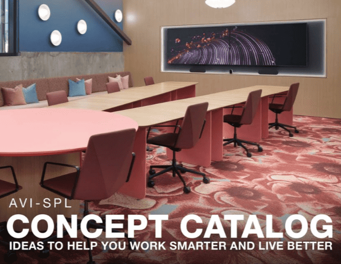 Modern conference room with pink swivel chairs, long table, large screen, floral carpeting, and benches. AVI-SPL: Work Smarter, Live Better.
