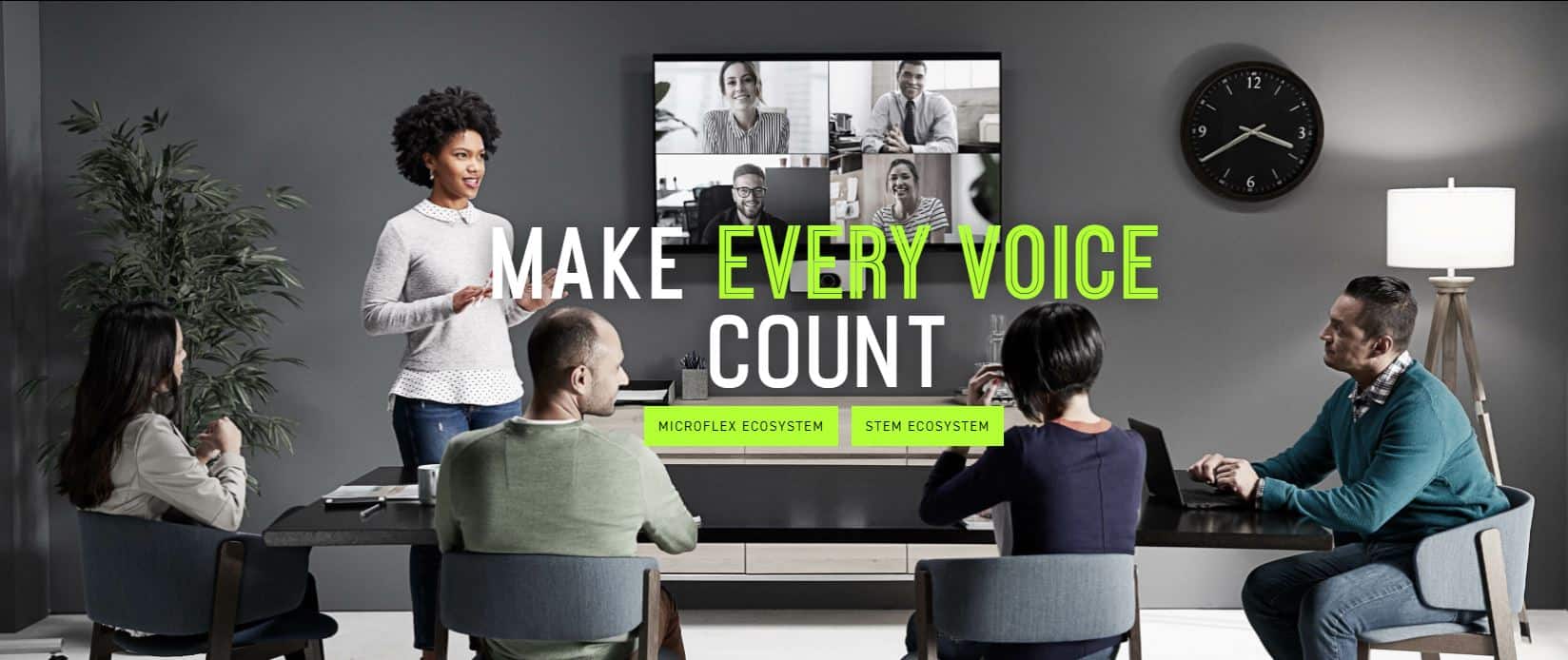 A diverse group listens to a woman presenting, with six on-screen participants. Text: MAKE EVERY VOICE COUNT.