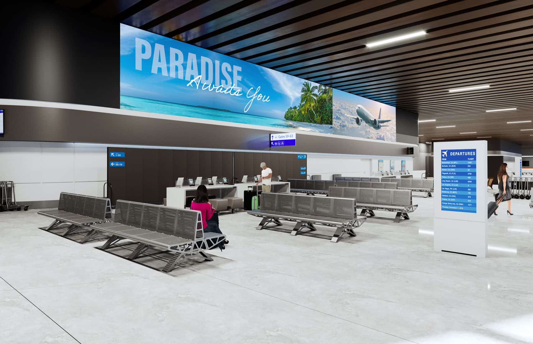 Airport with metal benches, digital Departures board, PARADISE Awaits You ad. Passengers at counter, luggage carts visible.