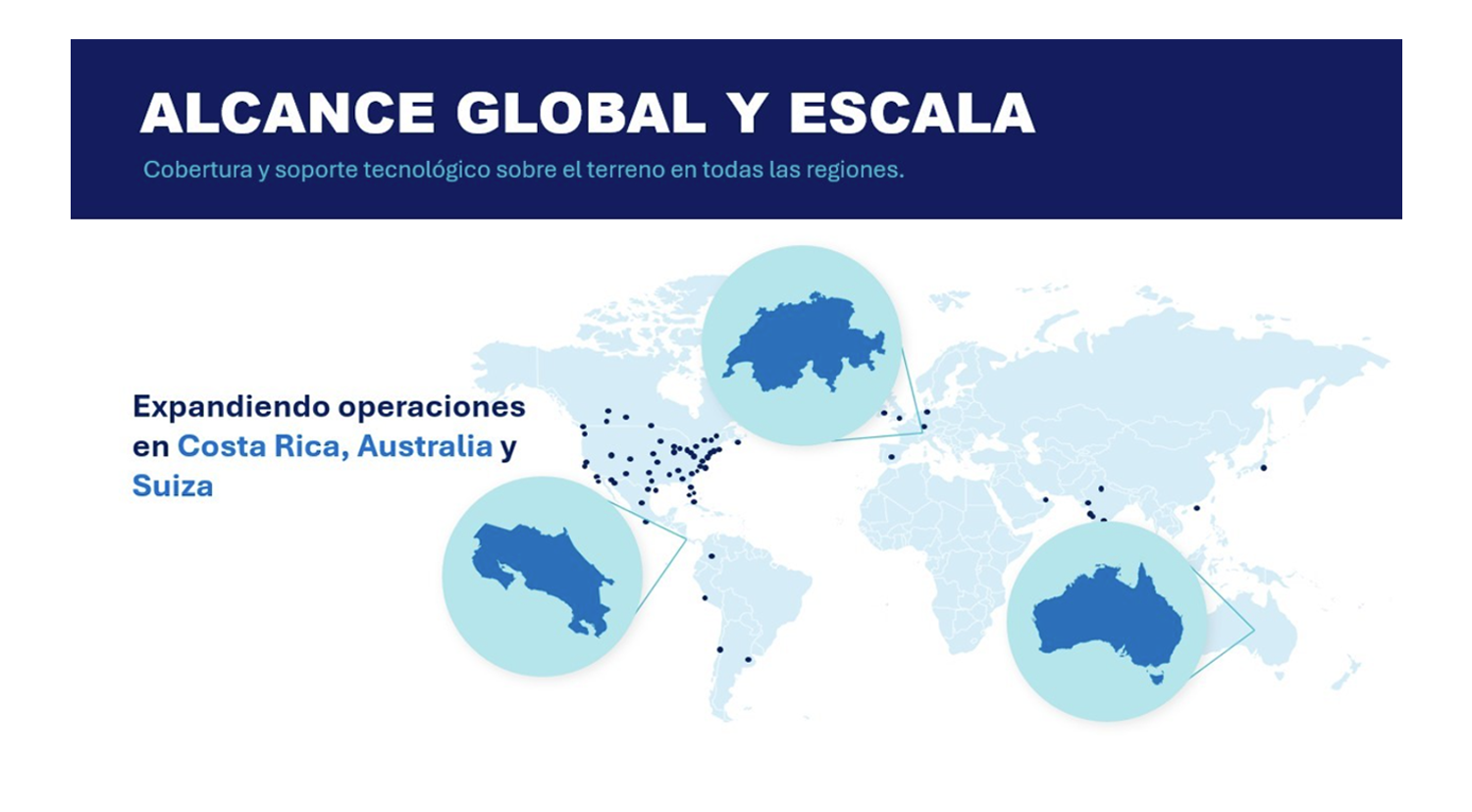 Gráfico de anuncio de AVI-SPL que destaca la expansión de sus operaciones en Costa Rica, Australia y Suiza, con un mapa global, marcadores de ubicación conectados y la identidad corporativa de la marca en colores azul marino y turquesa.
